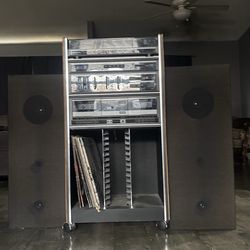 Vintage Stereo System w/ Speakers & Record Storage