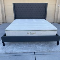 BEAUTIFUL GRAY TUFTED/STUDDED KING SIZE BED FRAME AND MATTRESS!!