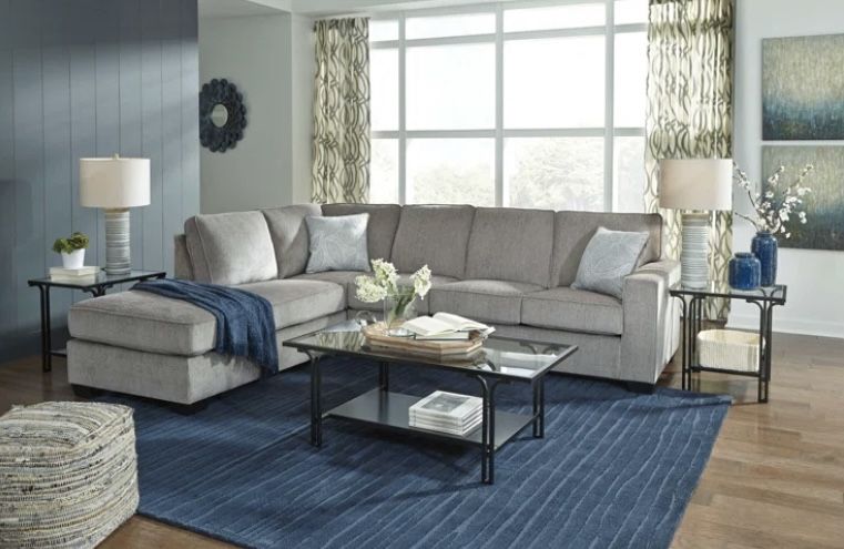 Gray Sectional Sofa Right or Left facing chaise attached back pillow piped seams Accent Pillows included 110x90