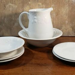 Gibson Housewares Dishes With Embossed Fruit Design! Beautiful Pitcher/Flower Vase, Serving Bowl, Regular Bowl, & 4 Salad Plates! 
