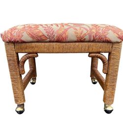Vintage Henry Link Wicker Rolling Footstool Bench Floral Upholstered Coastal