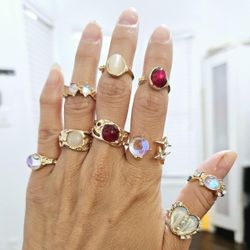Set lot of 9 gold with red white stones women's ladies ring rings Gift