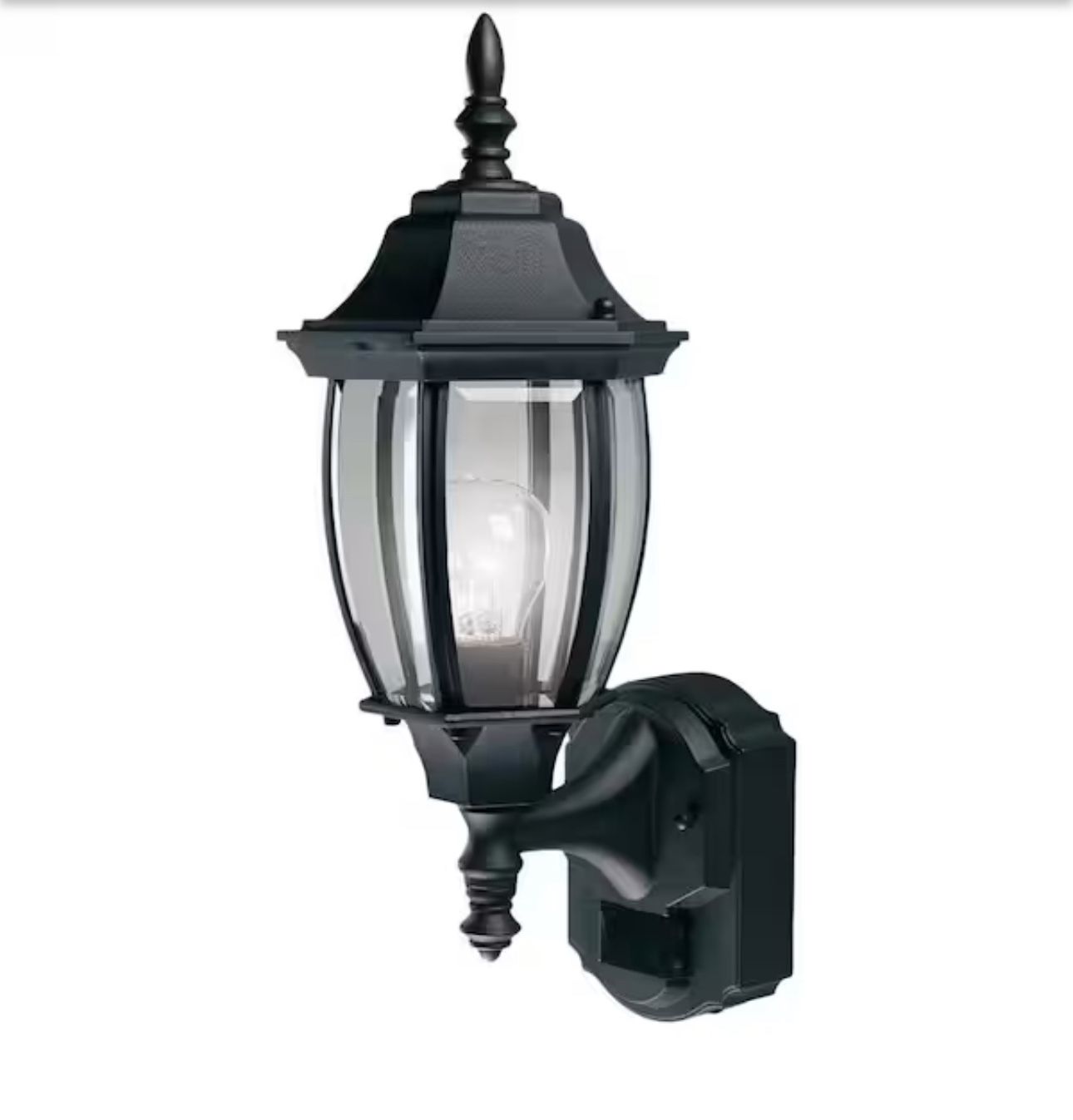 Hampton Bay Alexandria 17.3 in. 1-Light Farmhouse Matte Black Motion Sensing, Dusk-to-Dawn, Outdoor Wall Light Lantern Sconce