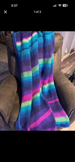 Handmade Multi-Colored Striped Tunisian Crochet Blanket