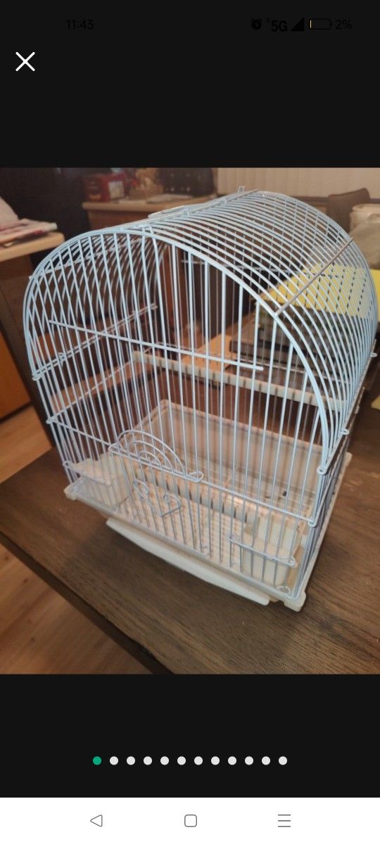Bird Cage, Small Birdcage Single Door Open,Two Feeders Two Stand Poles. Stand Crate.Never Used.
