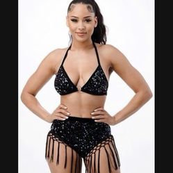 Black Two Piece Set Sexy Sequin / Festival Costume Outfit  