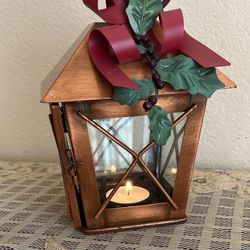 Hanging Metal Lantern Candle Holder Glass Window Panes Copper Finish