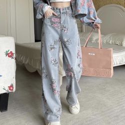Casual Y2K Straight Leg High Waisted Jeans for Women Fashion Simplicity Cute Floral Printed Denim Pants
