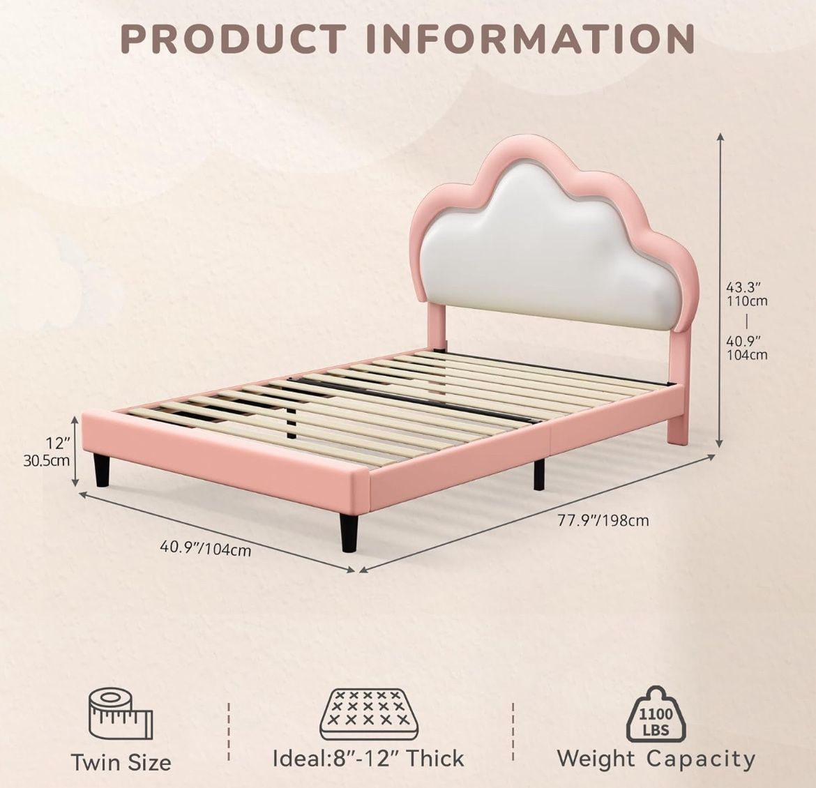 TWIN CLOUD HEADBOARD SHAPE WOOD BED FRAME WITH BLUE LIGHT