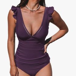 CUPSHE Women's Tankini Sets Two Piece Swimsuit V Neck Ruffled Ruched Tummy Control Ladder Trim (XS