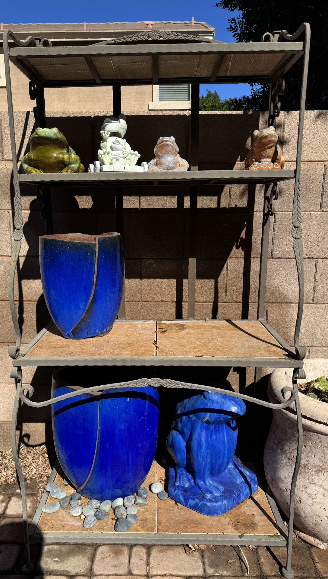 Wrought Iron and Ceramic Title Shelving Unit / Plant Stand