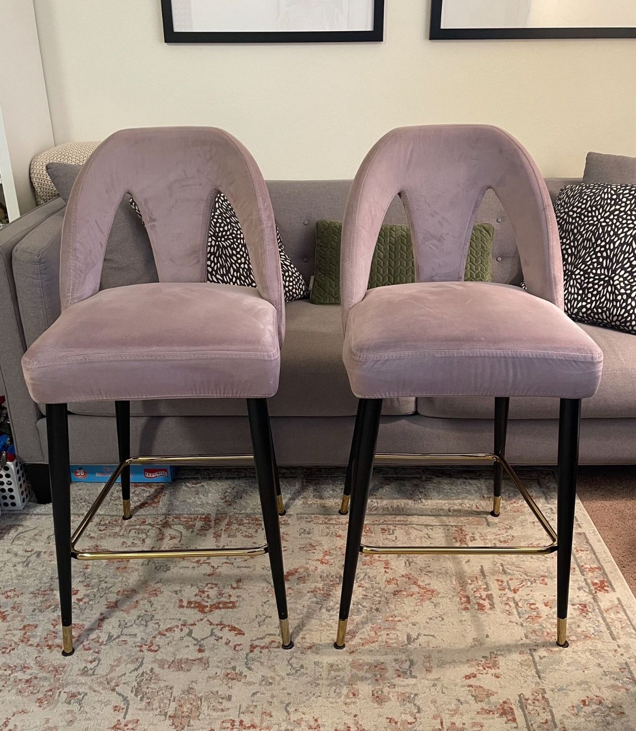 2 Pink Velvet Counter Stools 