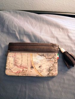 Italian Leather Wristlet - Vintage Map Design ( Alviero Martini inspired)
