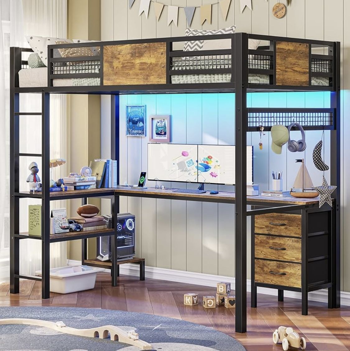 Loft Bed Twin Size with L-Shaped Desk, LED Lights,Charging Station, Twin Metal Loft Bed Frame with Fabric Drawers & Shelve, 13.4" H Safety Gu