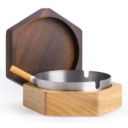 Windproof Ash Tray for Weed with Lid, Wooden Ashtray with Stainless Steel Liner for Outdoors and Indoors Use, Smoking Ashtray for Home Office