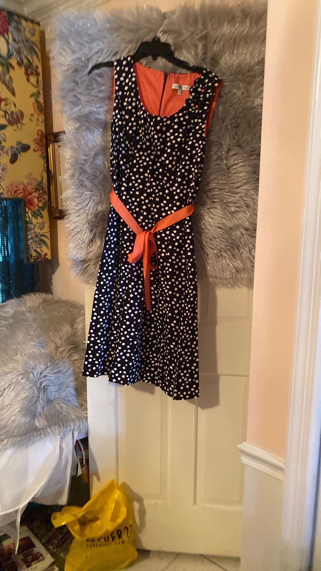 Black Polka Dot Dress New With Orange Sash MIDI Dress New