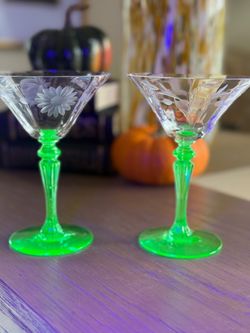 Vintage Tiffin Uranium Glow Martini Coupe Glasses