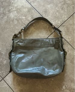 Vintage COACH Olive Green Zoe Patent Leather Hobo Bag.