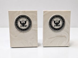 United States Navy Marbleized Bookends Pair Military Nautical Desk Decor Display