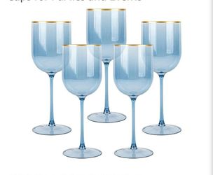 New Blue Plastic Wine Glasses With Gold Rim - 12oz (5-Pack) Reusable, Disposable Cups for Parties and Events