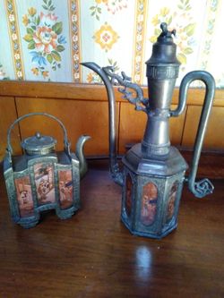 Ceremonial tea pots.chinese Footed tea pots. Pre-WWII Bronze,Pewter