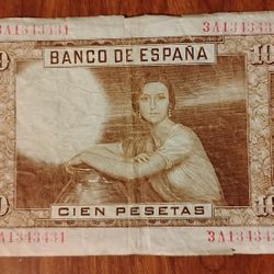 1953 Spain 100 Pesetas Bill Banknote Currency 