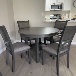 5pc Dining Set - Round Dining Table w/ Shelving & 4 Dining Chairs w/ Upholstered Seats