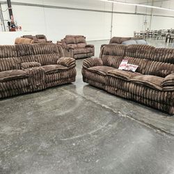 Brand New 3 Pcs Manual Recliners Brown Oversize Corduroy Plush Set $1399
