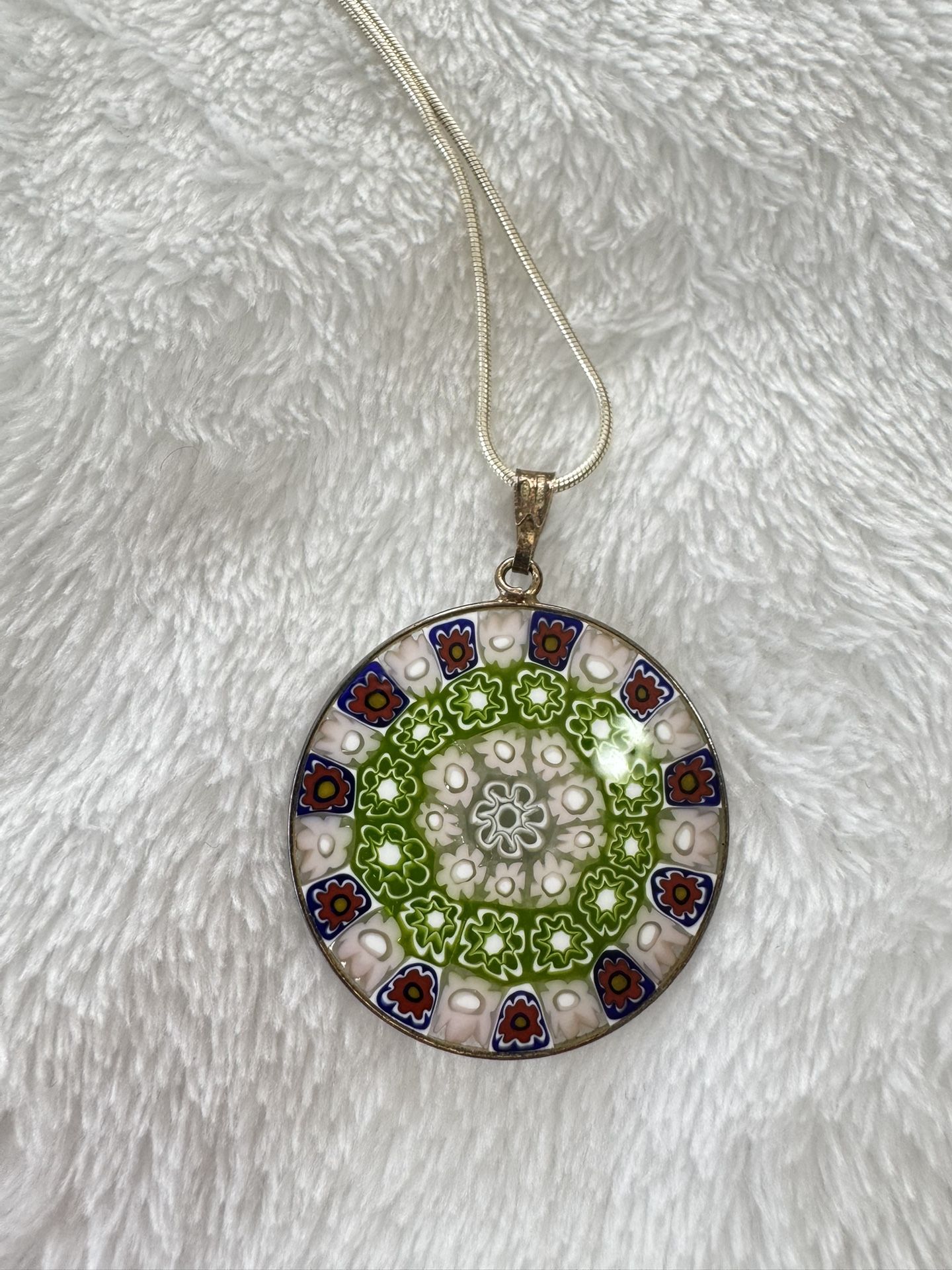 Silver Chain With Vintage Murano Glass Millefiori Pendent