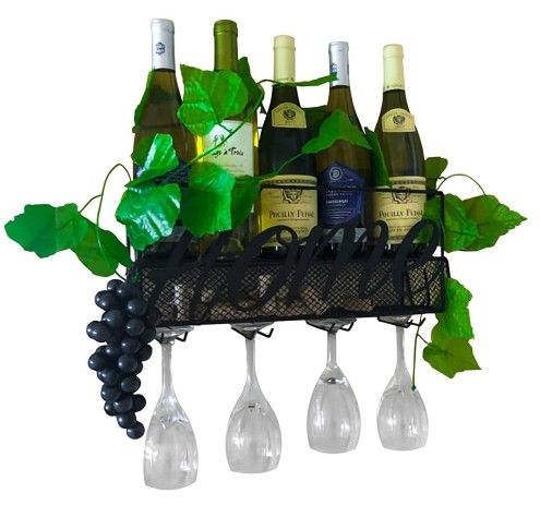 Wall-mounted wine rack wine stoppers wine gift- With 4 glasses - 5 bottle wine holder rack and a cork holder -A wine wall rack