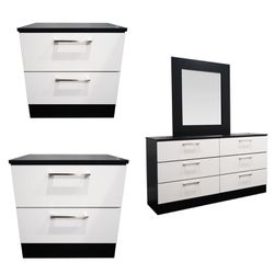 White Dresser With Mirror  And 2 Nightstands 