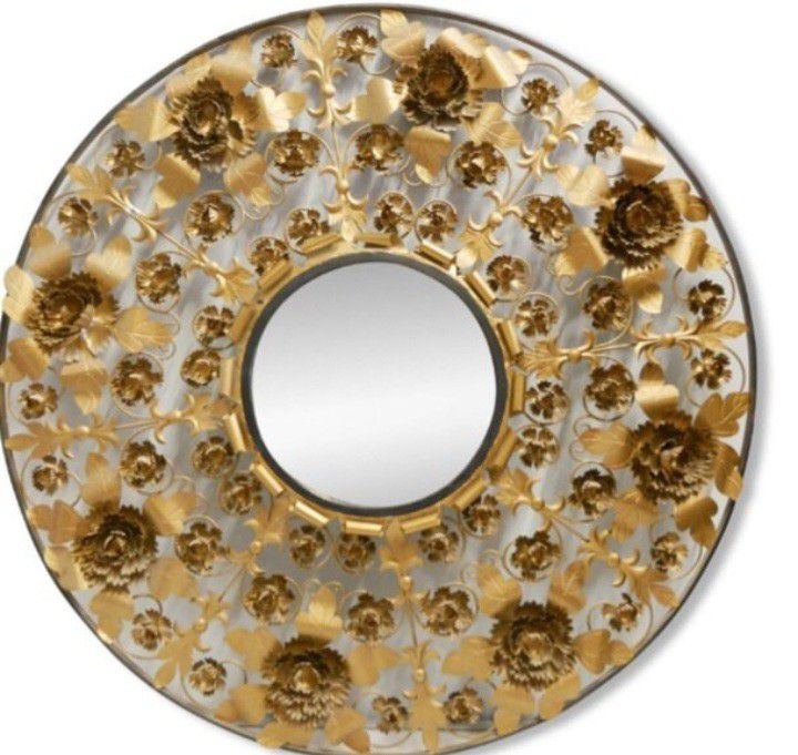 Italian Mid-Century Large 35.5" Gilt 3D Floral Wall Mirror Tole Brass Metal. Elegant work of art. Mirror approximately 11 inches.  Entry Mirror, foray