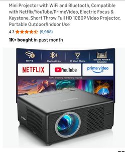 CiBest Mini Projector with WiFi and Bluetooth, Built-in Netflix/YouTube/PrimeVideo, Electric Focus & Keystone, Short Throw Full HD 1080P Supported, Po