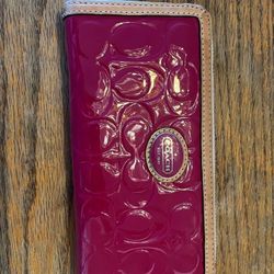 Coach Glossy Red & Brown Leather Trim 8” Long Zip Wallet