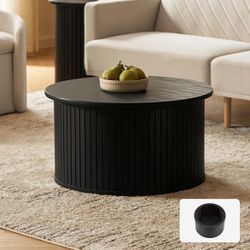 Mopio Quin Round Coffee Table with Storage, Drum Accent Coffee Table, Mid Century Modern Wood Coffee Table, Fluted Center Table with Removable Lid, Te