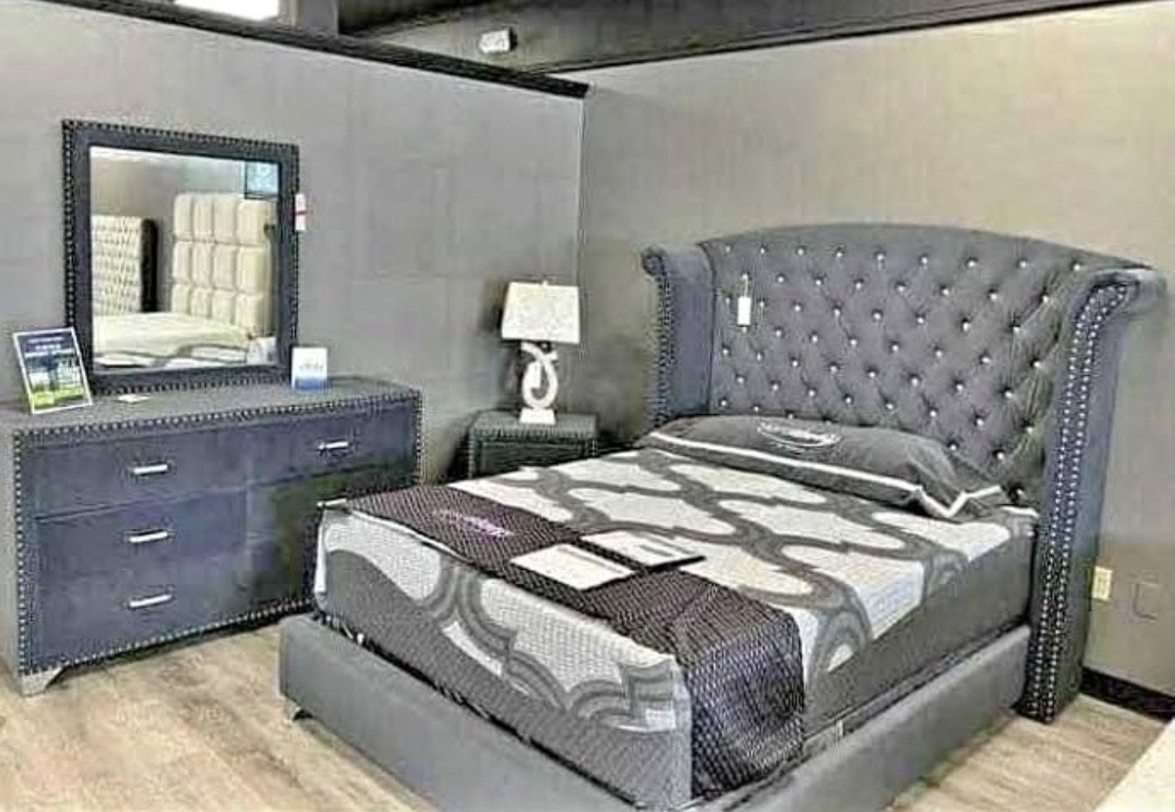 Grey velvet gray bedroom set 4 pieces new