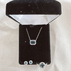 14K White Gold London Blue Topaz & Diamond Matching Set (Ring, Pendant, Earrings)