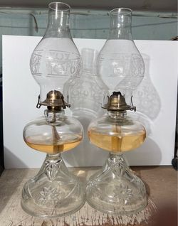 Vintage Glass Oil Lamps – Matching Pair w/ Etched Hurricane Shades