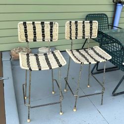 Vintage Woven Tall Chairs Barstools Counter - Beige Black Boho Mid Century Metal Legs