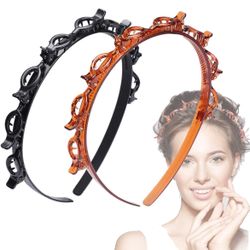 2 Pcs Bangs Hairstyle Hairpin Headband, Professional Weave Bangs Clip, Toothed Headband Braid Tool, Women Girls Fashion Hair Accessories (Black and Br