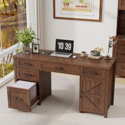 Vabches 61-inch Farmhouse Executive Desk with 5 Drawers, Rustic Computer Desk, File Drawers and Storage Cabinet, Wooden Workstation for Study and