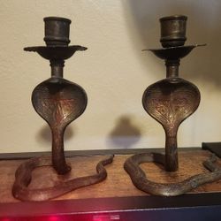 Vintage Mini Etched Brass Cobra Snake Candle Stick Holder Aged Patina PAIR