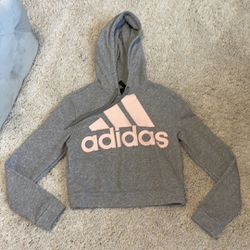 Women’s crop hoodie sweatshirt gray light pink salmon color adidas size small. Worn once no piling. Has a small flaw as shown