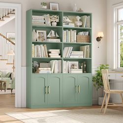 Bookshelf and Bookcase with Doors, Double Wide Large Bookshelves Industrial Open Display Shelves 6 Tier, 73'' Tall Bookshelf with Storage 
