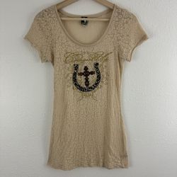 COWGIRL UP Vintage Y2K Beige Cheetah Semi Sheer Horseshoe Cross Graphic Tee
