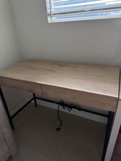 Wood Desk with Drawers + Built-In Outlets & USB Ports