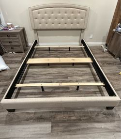 Queen size bed, box, topper, frame, and sheets