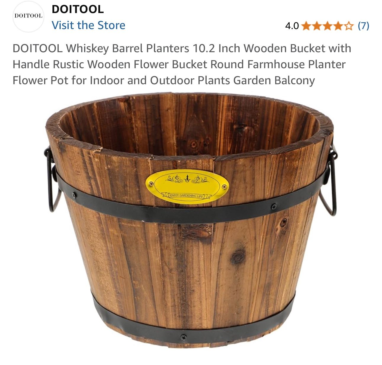 DOITOOL Whiskey Barrel Planters 10.2 Inch Wooden Bucket with Handle Rustic Wooden Flower Bucket Round Farmhouse Planter Flower Pot for Indoor and Outd