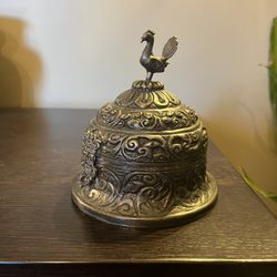 Vintage Repousse Jewelry Box Bird Finial Intricate Metalware 