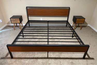 King Size Bed Frame with 2 Mid century wooden nightstands